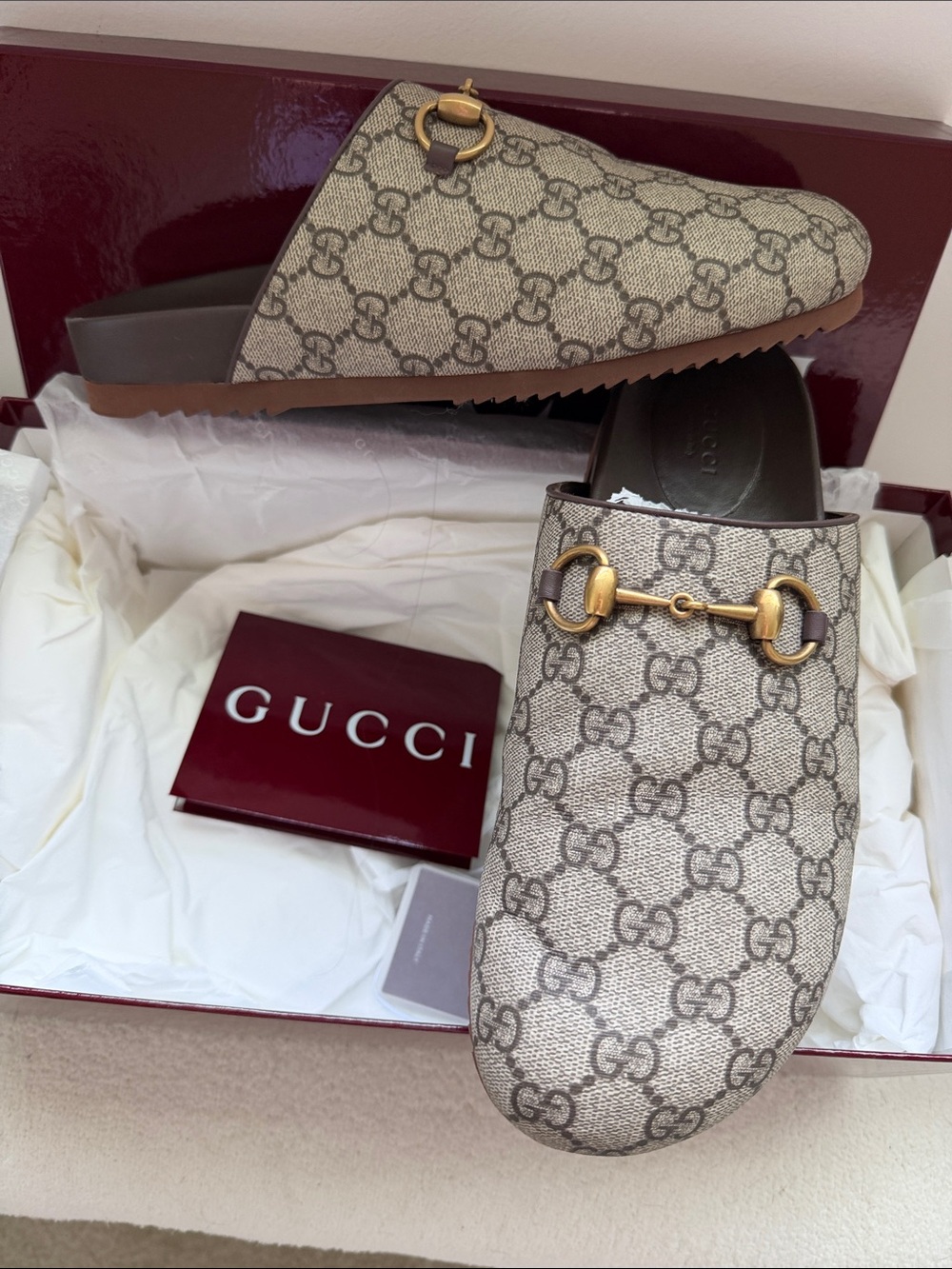 Gucci Beige GG Canvas Mule with Gold Horsebit